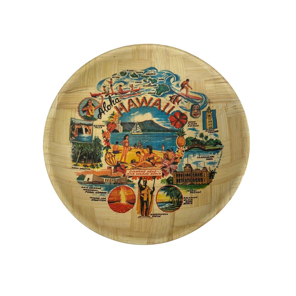 Vintage Hawaii Map Souvenir Bamboo Decorative Tray Plate Handwoven